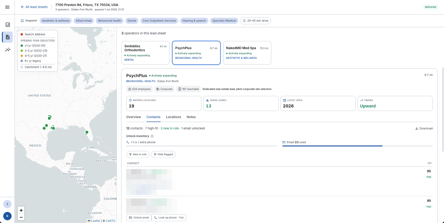 Delivered lead sheet — operator tabs, expansion stats, and scored decision-maker contacts (details redacted)